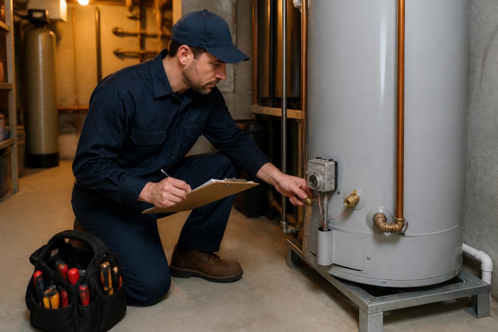 A licensed plumber in a work uniform kneeling beside a traditional tank water heater in a residential utility room, holding a clipboard and inspecting the unit's connections under warm overhead lighting, with a tool bag open on the floor nearby