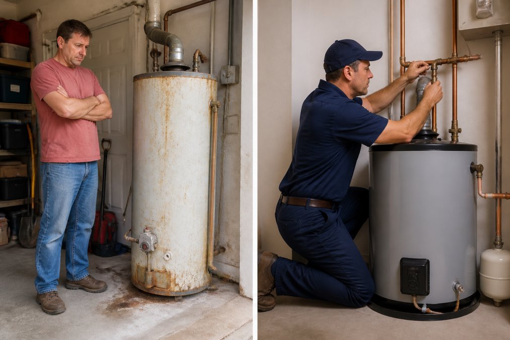 A homeowner in casual clothes standing beside an old, rust-streaked tank water heater in a garage, arms crossed and looking uncertain, while in the adjacent frame a professional plumber in a branded uniform confidently connects copper pipes on a new unit under bright workshop lighting