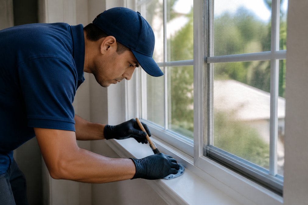 Close-up of technician carefully cleaning interior window sills and tracks with specialized tools, showing attention to detail on multi-pane residential window with natural indoor lighting