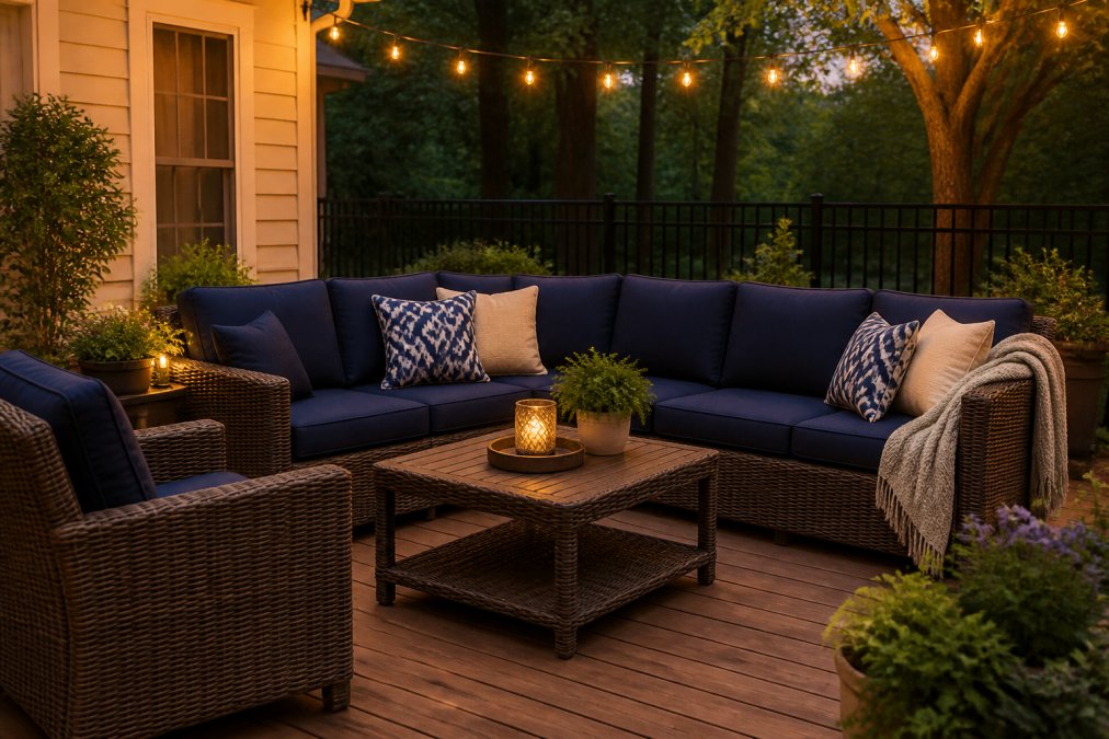 A stylish backyard patio with a rattan conversation set featuring navy blue cushions, arranged on a wooden deck surrounded by green plants and warm evening lighting