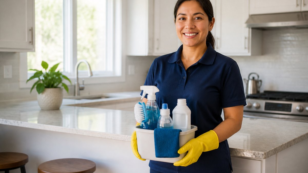 Smiling professional cleaner in a bright kitchen to ensure quality for the cost of recurring weekly cleaning.