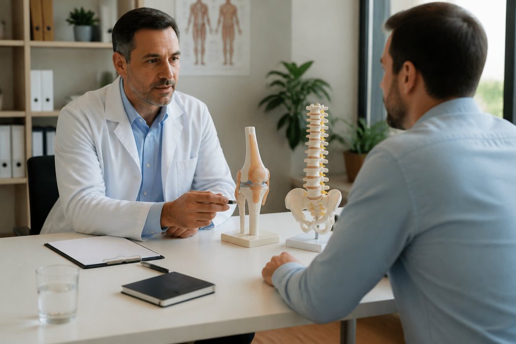 A physician in a white coat seated across a desk from a patient in a bright clinical consultation room, with anatomical knee and spine models displayed on the desk between them, warm overhead lighting
