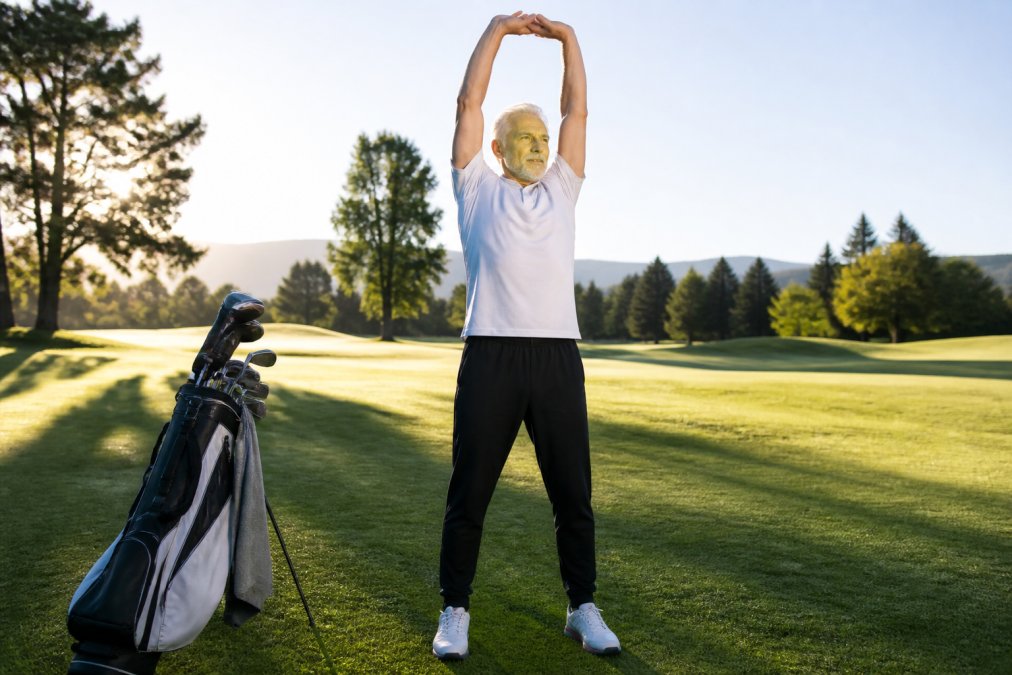An older adult man in his late 60s stretching his arms above his head on a sunny golf course fairway, wearing athletic clothing, looking relaxed and physically capable, morning light casting long shadows across the green
