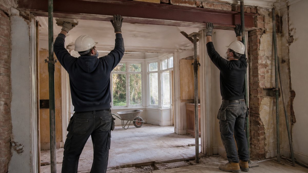 Two builders in hard hats and dust masks guiding a steel beam into a propped opening in a stripped-back Victorian living room, acrow props visible either side, daylight through bay window