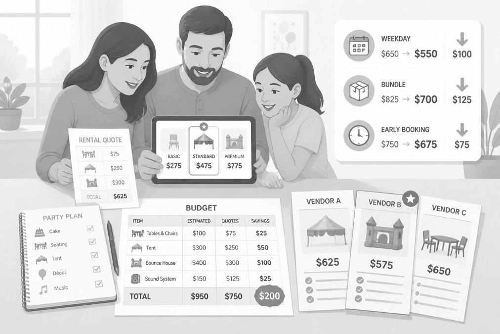 Family at home reviewing colorful rental quote documents and comparing pricing options on a tablet, with party planning notes, budget spreadsheet, and vendor brochures spread across the table in natural daylight