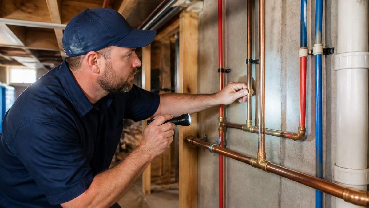 Licensed plumber in work uniform inspecting exposed copper and PEX water supply lines in a residential basement, examining pipe connections with a flashlight and inspection tools