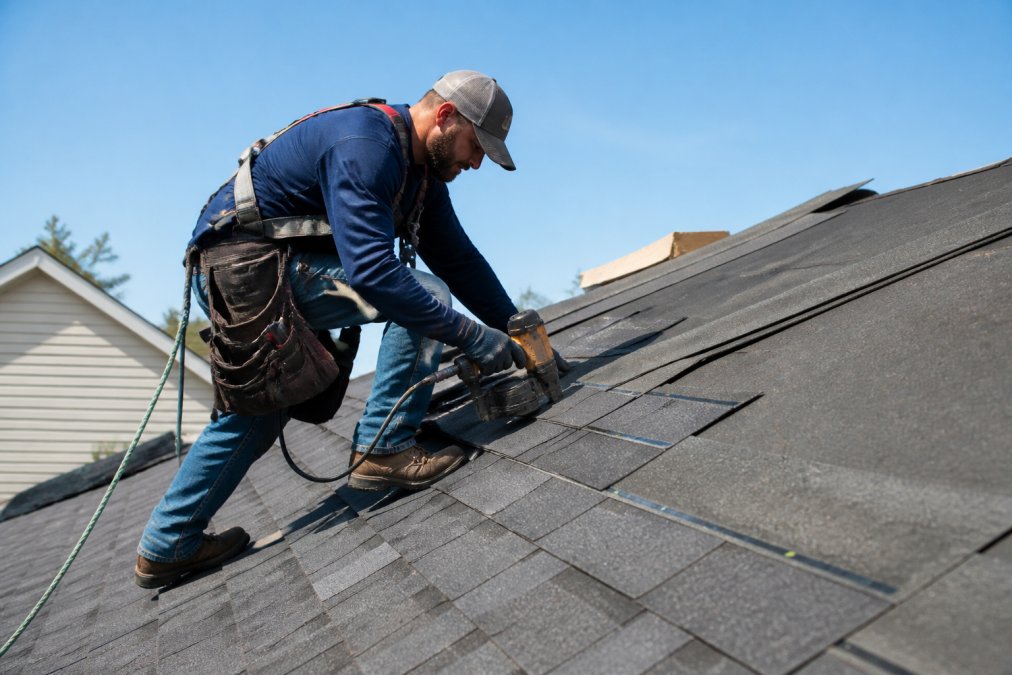Professional roofing contractor installing asphalt shingles on residential roof, showing proper technique with nail placement, shingle alignment, and safety harness in bright daylight