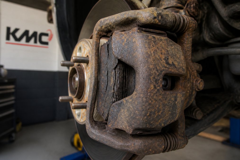 Close-up of a brake caliper assembly showing rust, corrosion, and visible wear on a vehicle wheel with brake dust accumulation