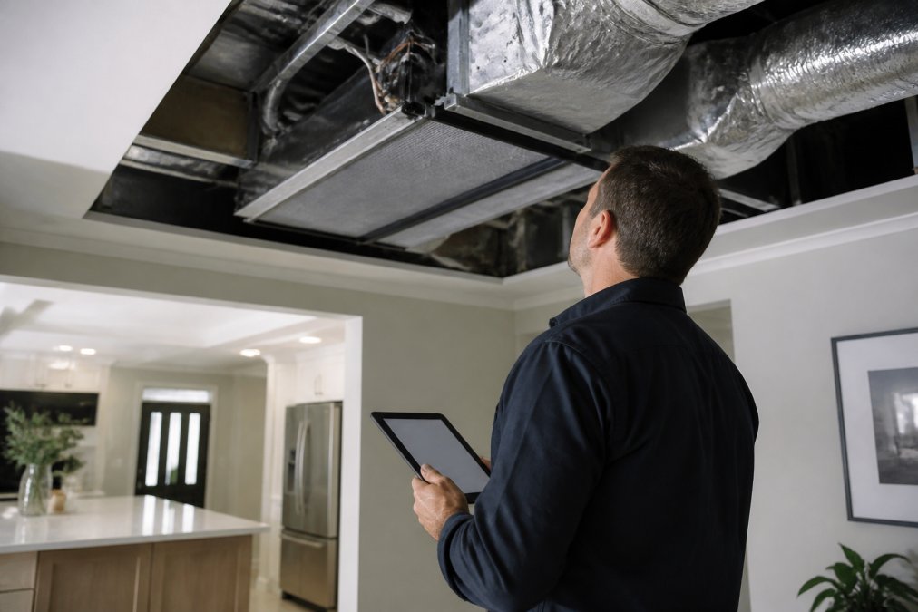 Professional HVAC technician inspecting ducted heating unit in ceiling cavity, holding digital tablet displaying system specifications, modern home interior with exposed ductwork visible