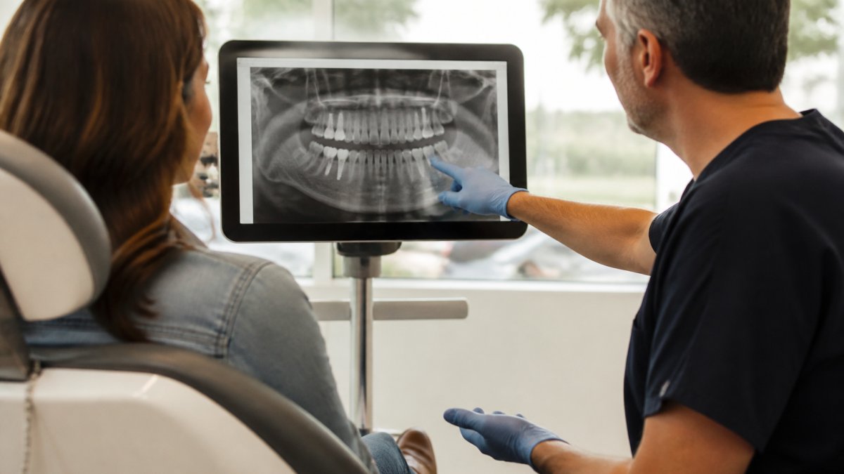 A dentist in gloves reviewing a dental X-ray on a monitor while a patient sits in the chair, clinical office setting with natural light