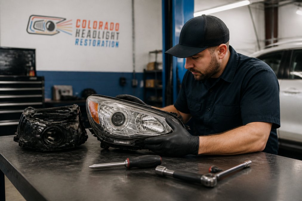 A mechanic in a service bay inspecting a removed headlight assembly on a workbench, with hand tools and a replacement housing nearby under fluorescent shop lighting