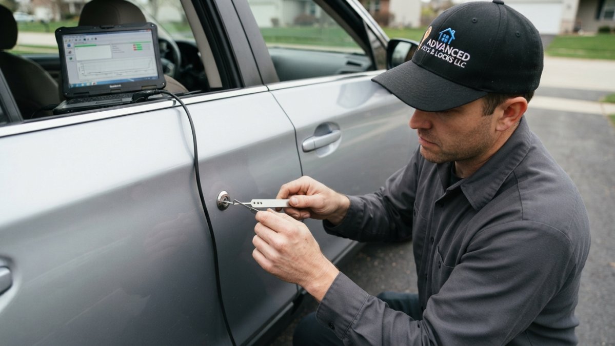 Close-up of a locksmith's hands holding a vehicle key fob and a programming device next to a car door, with a laptop showing diagnostic software on the passenger seat