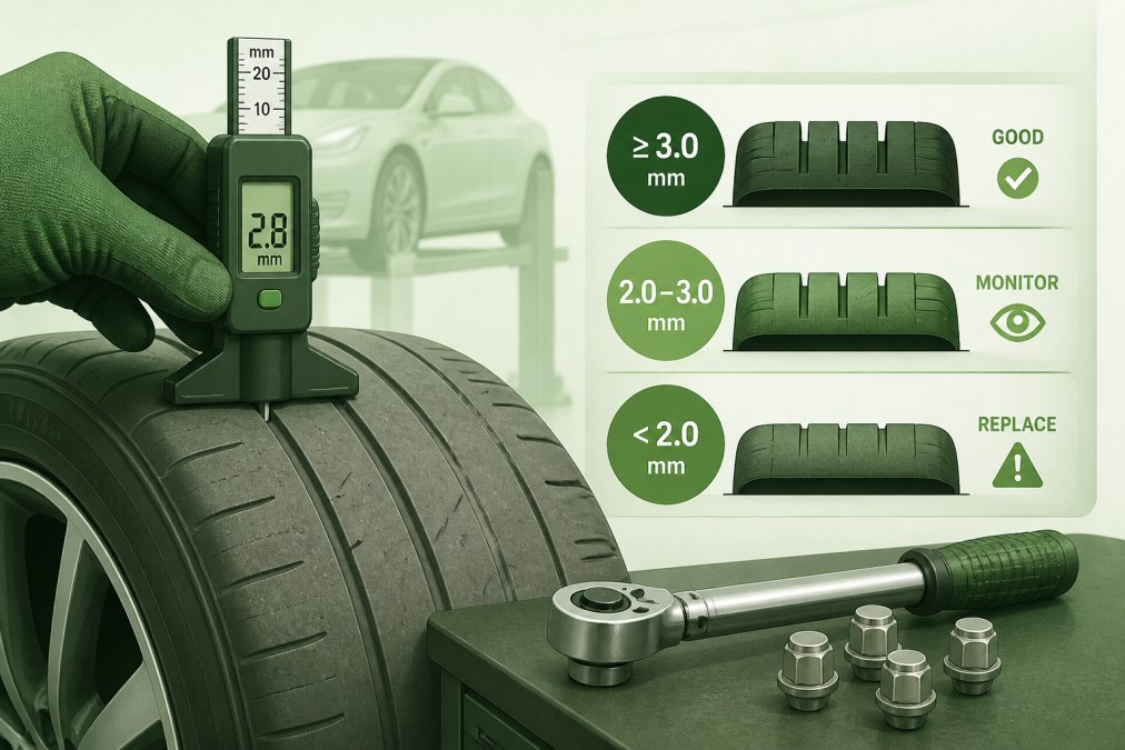 Close-up of a tyre tread depth gauge pressed against a worn Tesla Model 3 tyre in a workshop, with a torque wrench and wheel nuts on a bench nearby