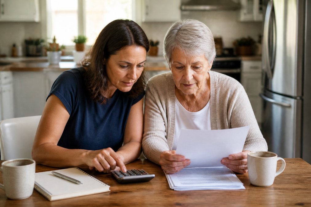 An adult daughter and elderly mother reviewing paperwork and a calculator at a kitchen table, with a notebook and coffee cups nearby, warm natural light