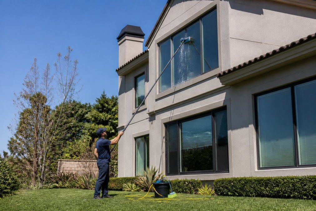 A professional window cleaner using a water-fed pole to clean the exterior windows of a two-story residential home on a bright sunny day, with a bucket and cleaning equipment visible on the ground below