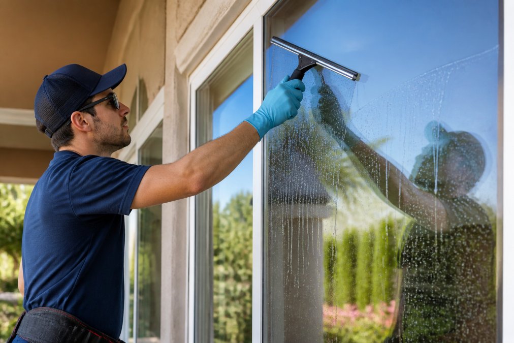 Close-up of a window cleaning technician using a professional squeegee on a large residential window pane, with a streak-free, crystal-clear result visible on the glass in bright natural light