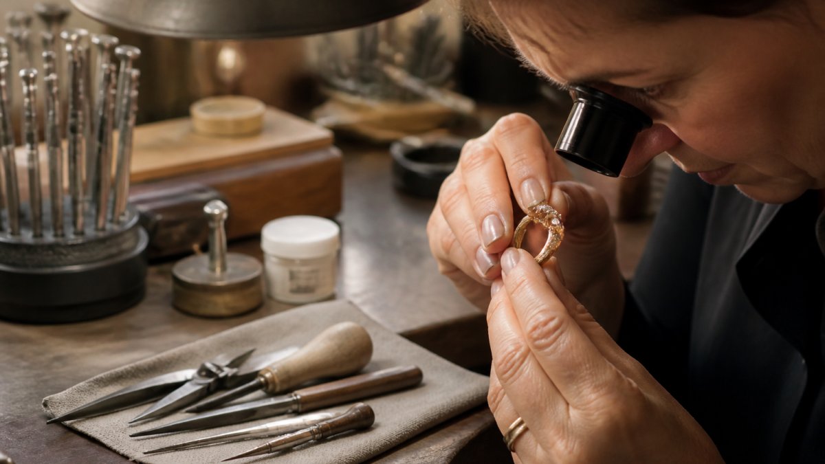 Close-up of a jeweler's hands under a bench lamp inspecting an antique gold ring with a loupe, fine tools and a soft cloth on the workbench beside them