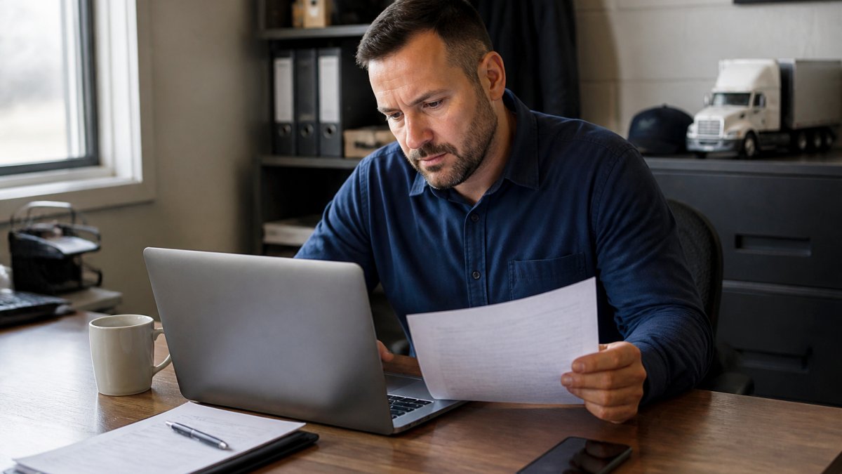 Professional CDL driver sitting at desk reviewing paperwork and checking laptop screen with coffee cup and phone nearby, looking focused and organized
