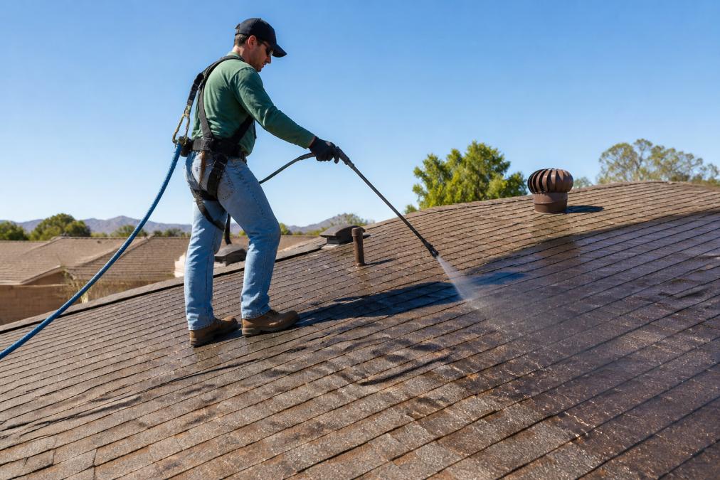 A roofing technician in safety gear applying a spray treatment to aged asphalt shingles on a residential roof under clear daylight