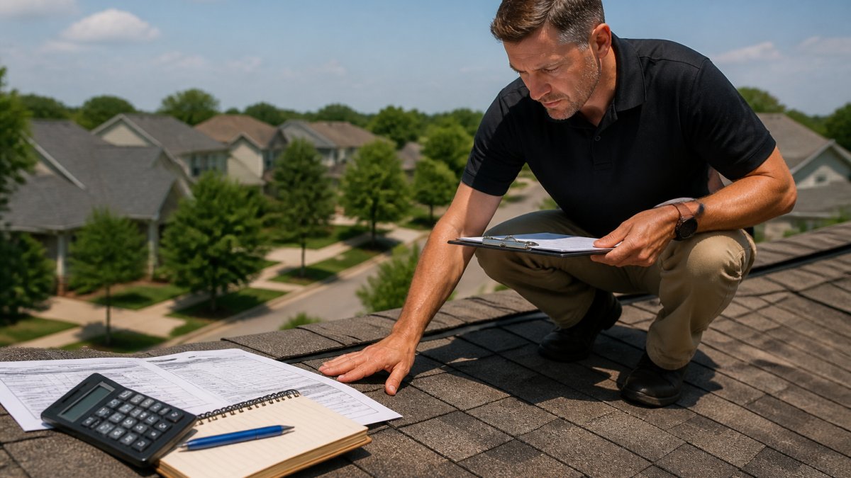 A licensed roofing inspector on a residential roof, holding a clipboard and examining asphalt shingles, with a suburban neighborhood visible in the background under clear skies