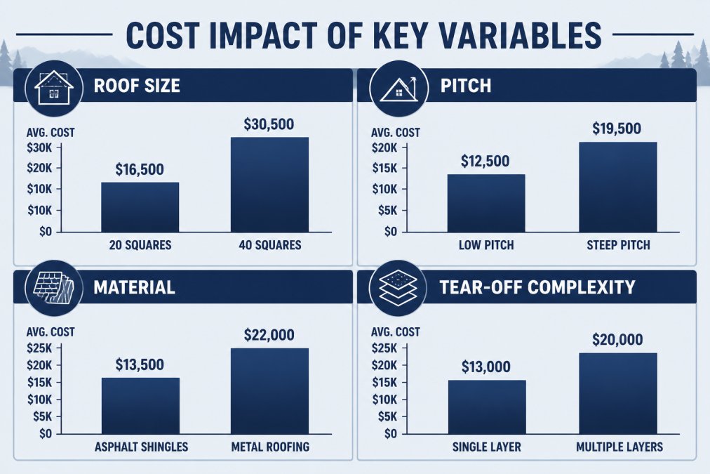Bar chart comparing cost impact of key variables: roof size (20 vs. 40 squares), pitch (low vs. steep), material (asphalt vs. metal), and tear-off complexity (single vs. multiple layers)