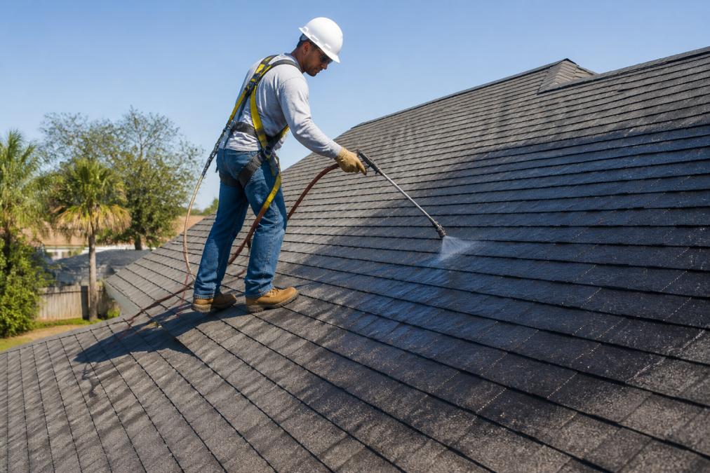 A roofing technician in a safety harness and hard hat applying a liquid rejuvenation treatment to dark asphalt shingles on a residential roof slope on a clear, sunny day