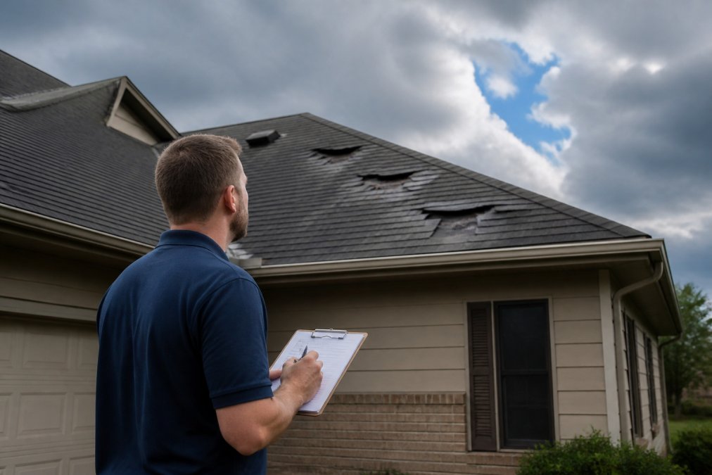 A homeowner standing safely on the ground, looking up at a roof with visible hail damage and missing shingles, holding a clipboard with a checklist, with storm clouds clearing in the background
