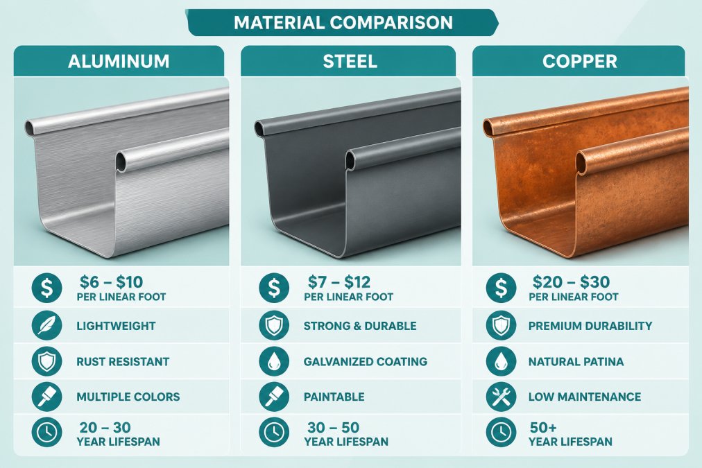 Close-up of three gutter material samples displayed side by side, aluminum with brushed finish, steel with protective coating, and copper with natural patina, showing distinct textures and color differences