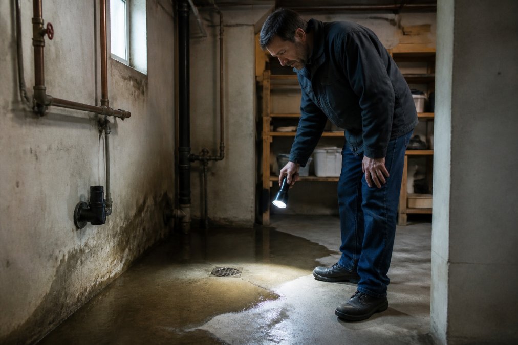 Homeowner checking a basement floor drain for signs of a sewer line repair needs due to standing water