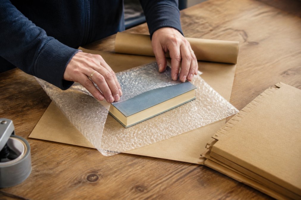 Close-up of hands carefully wrapping a used book with bubble wrap and kraft paper on a wooden table, showing proper protective packaging technique with cardboard mailers nearby