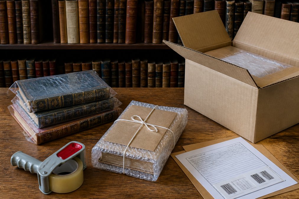 A collection of vintage and rare books arranged on a shelf with protective wrapping, a shipping label, and tracking documentation visible, illustrating careful preparation for valuable book shipment