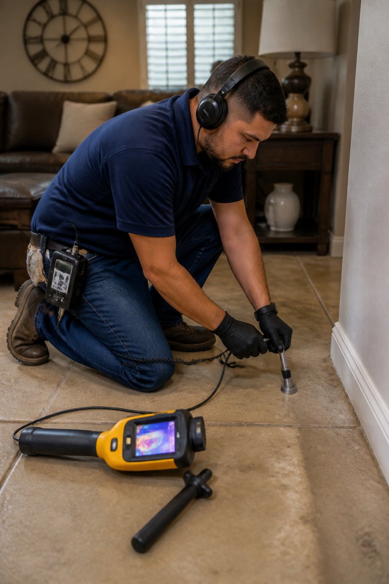 Plumber using acoustic equipment and thermal tools for slab leak detection on a home concrete floor