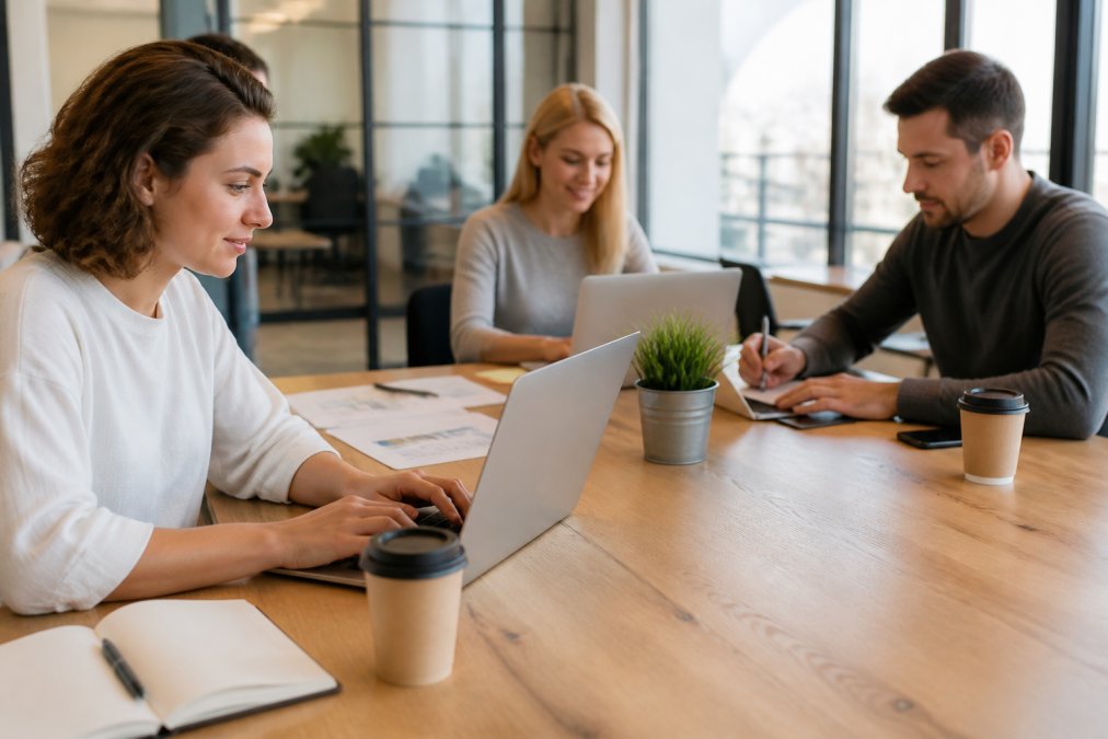 A small team of three people working at desks in a bright, modern office space with natural light, laptops, and coffee cups visible on the desk surfaces