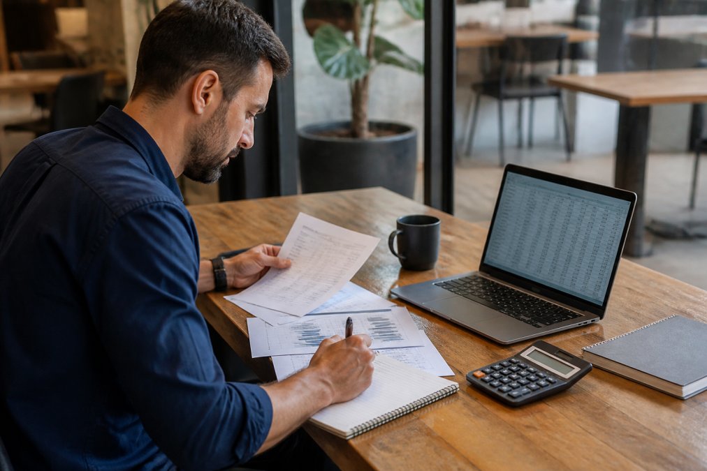 A business owner or manager reviewing documents and taking notes at a desk with a calculator, notepad, and laptop showing spreadsheet data