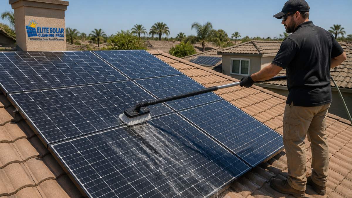 Technician using a water-fed pole for solar panel maintenance on a residential roof in a sunny suburb