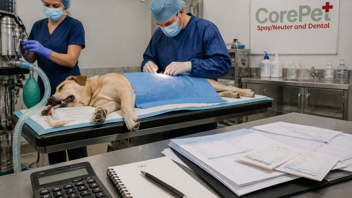 Veterinary surgical team preparing a large dog for spay surgery, with anesthesia equipment and surgical instruments visible in a modern surgical suite