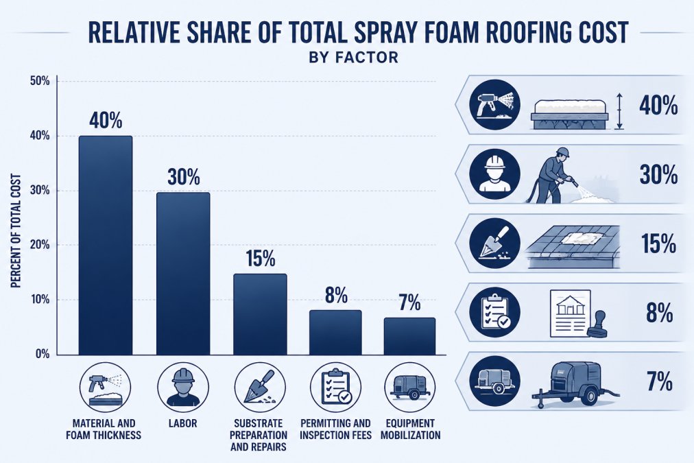Bar chart showing the relative share of total spray foam roofing cost by factor: material and foam thickness, labor, substrate preparation and repairs, permitting and inspection fees, and equipment mobilization