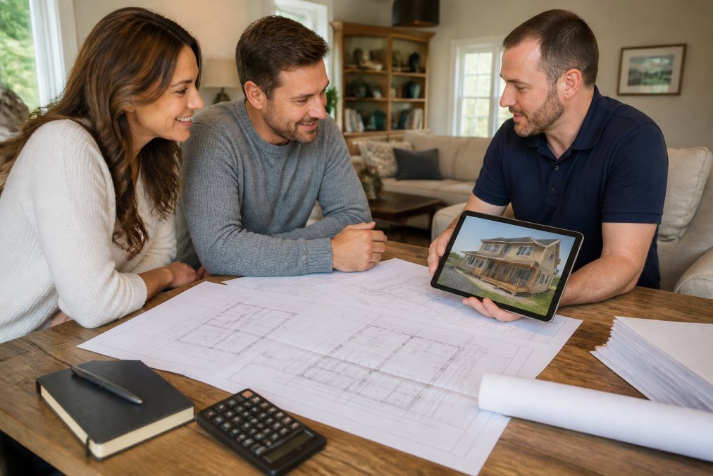 Contractor and homeowners reviewing 3D design plans to manage home addition costs effectively