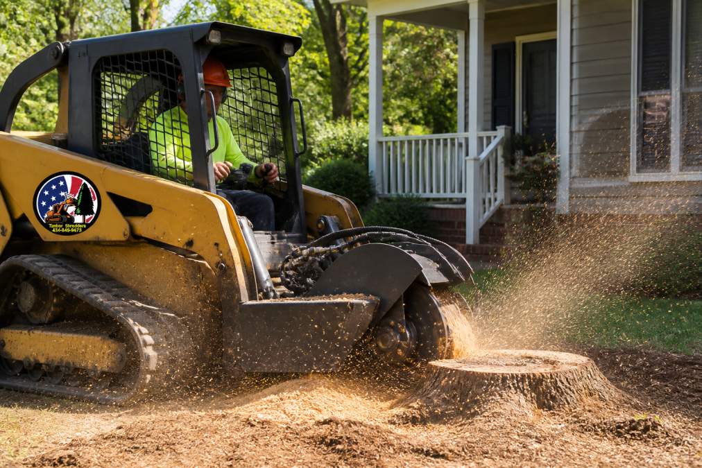 Professional operator in safety gear controlling a skid steer loader with stump grinder attachment actively grinding a large stump on a residential property, wood chips being ejected, clear daylight setting