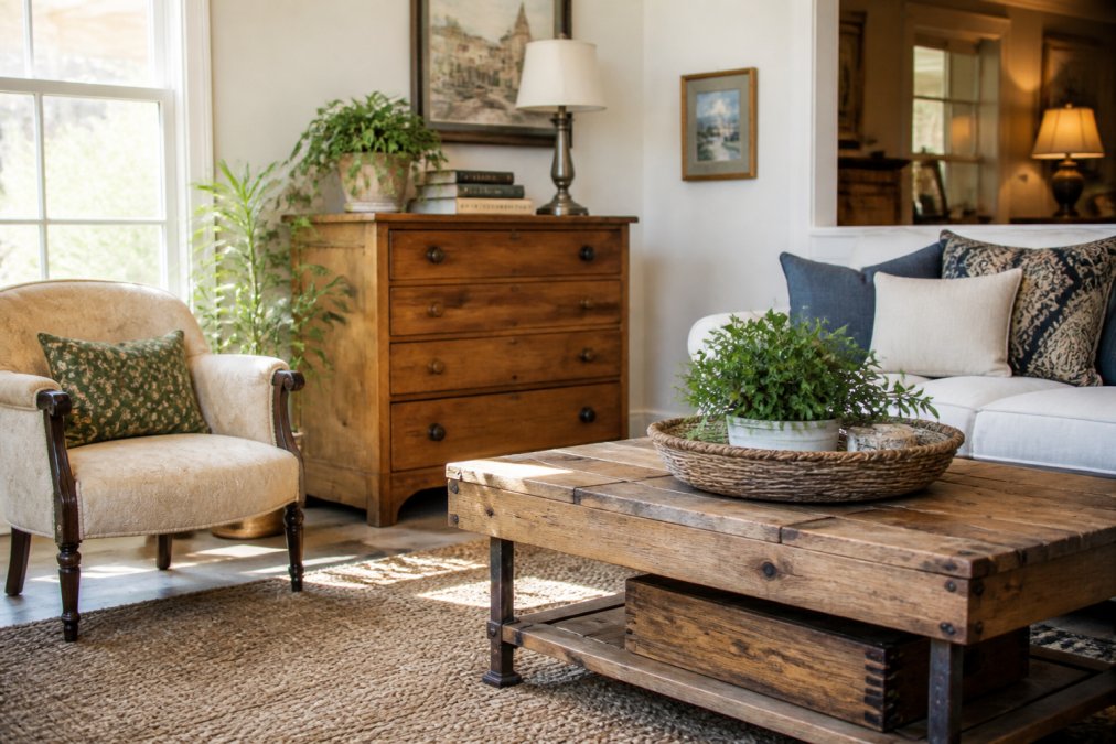 A living room styled with a curated mix of pre-loved furniture pieces, a vintage wooden dresser, upholstered armchair, and reclaimed wood coffee table, arranged in a warm, welcoming layout with natural sunlight streaming through windows, showing how consignment items integrate seamlessly into a cohesive home aesthetic