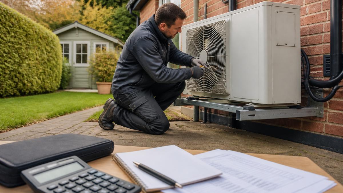 A heating engineer in workwear kneeling beside an outdoor air source heat pump unit mounted on a wall bracket, checking connections with a tool in hand, residential garden setting