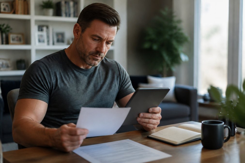 Man sitting at home reviewing medical documents and lab results on a tablet, with a comfortable home office setup in the background