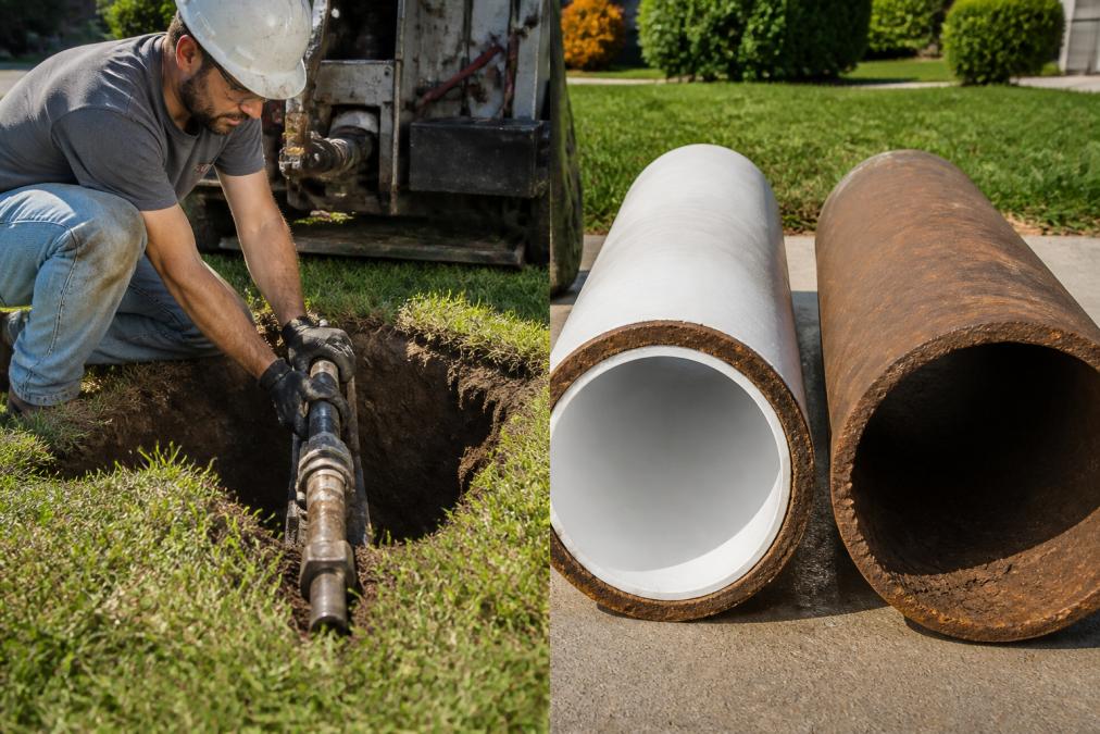 A trenchless sewer technician in work gear and hard hat operating pipe bursting equipment at a small access pit in a residential front yard, with intact grass and landscaping visible around the minimal excavation area under afternoon sunlight