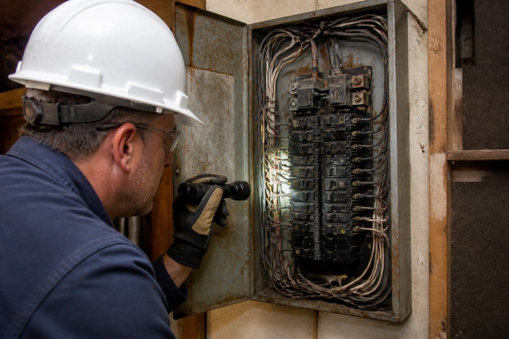 Electrician inspecting a 100 amp panel for signs of rust and dangerous double-tapped circuit breakers.