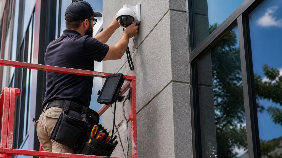 Technician installing a dome camera while upgrading commercial security cameras on an office building exterior.
