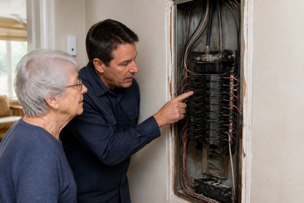 An older homeowner and a licensed electrician examining an open electrical panel in a modest home, the electrician pointing at a worn circuit breaker while the homeowner looks on with concern