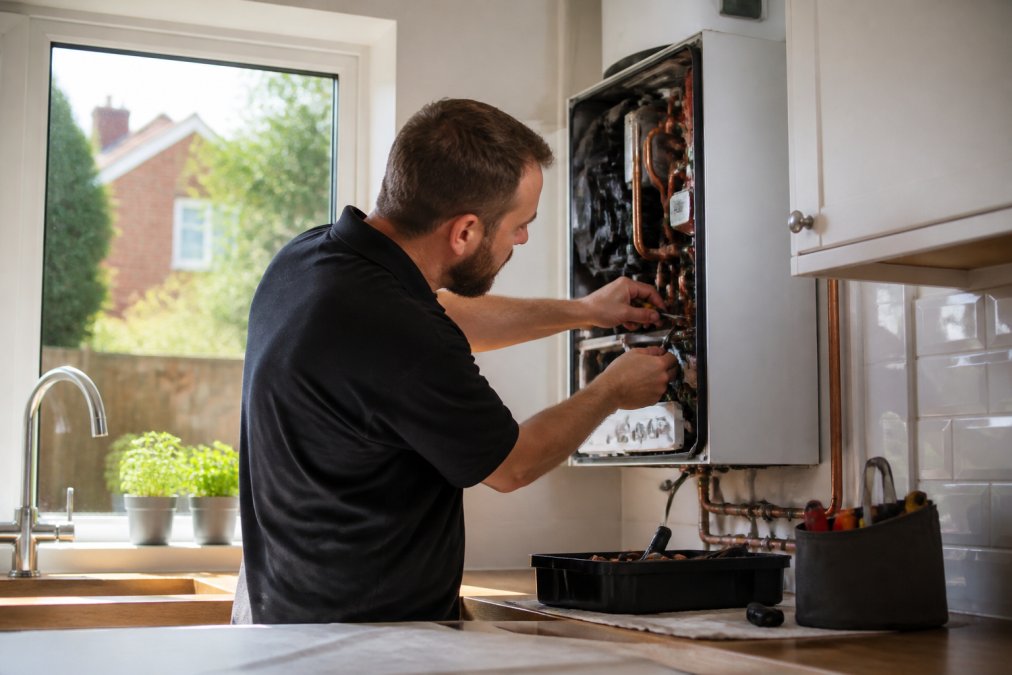 Professional heating engineer working on combi boiler installation in residential kitchen, with tools and equipment visible on work surface, natural daylight through window