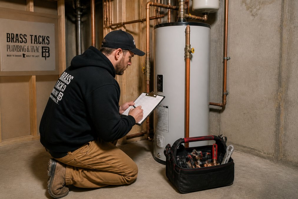 Infographic showing key cost factors for a professional water heater installation in a residential basement.