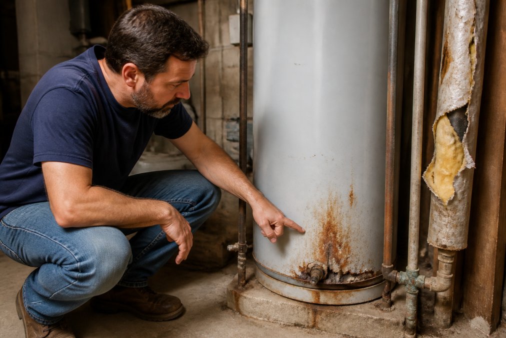 A homeowner crouching beside an aging storage tank water heater in a dimly lit basement utility room, pointing at visible rust stains and corrosion near the base of the unit, with peeling insulation visible on nearby pipes