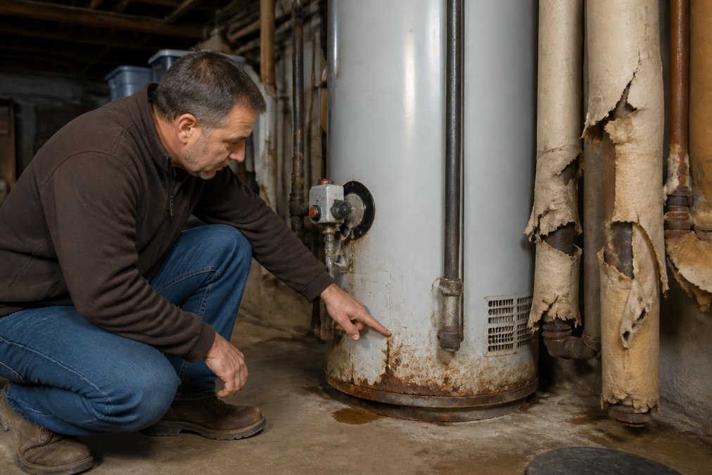 Professional illustration showing visible and homeowner and crouching concepts for water heater replacement